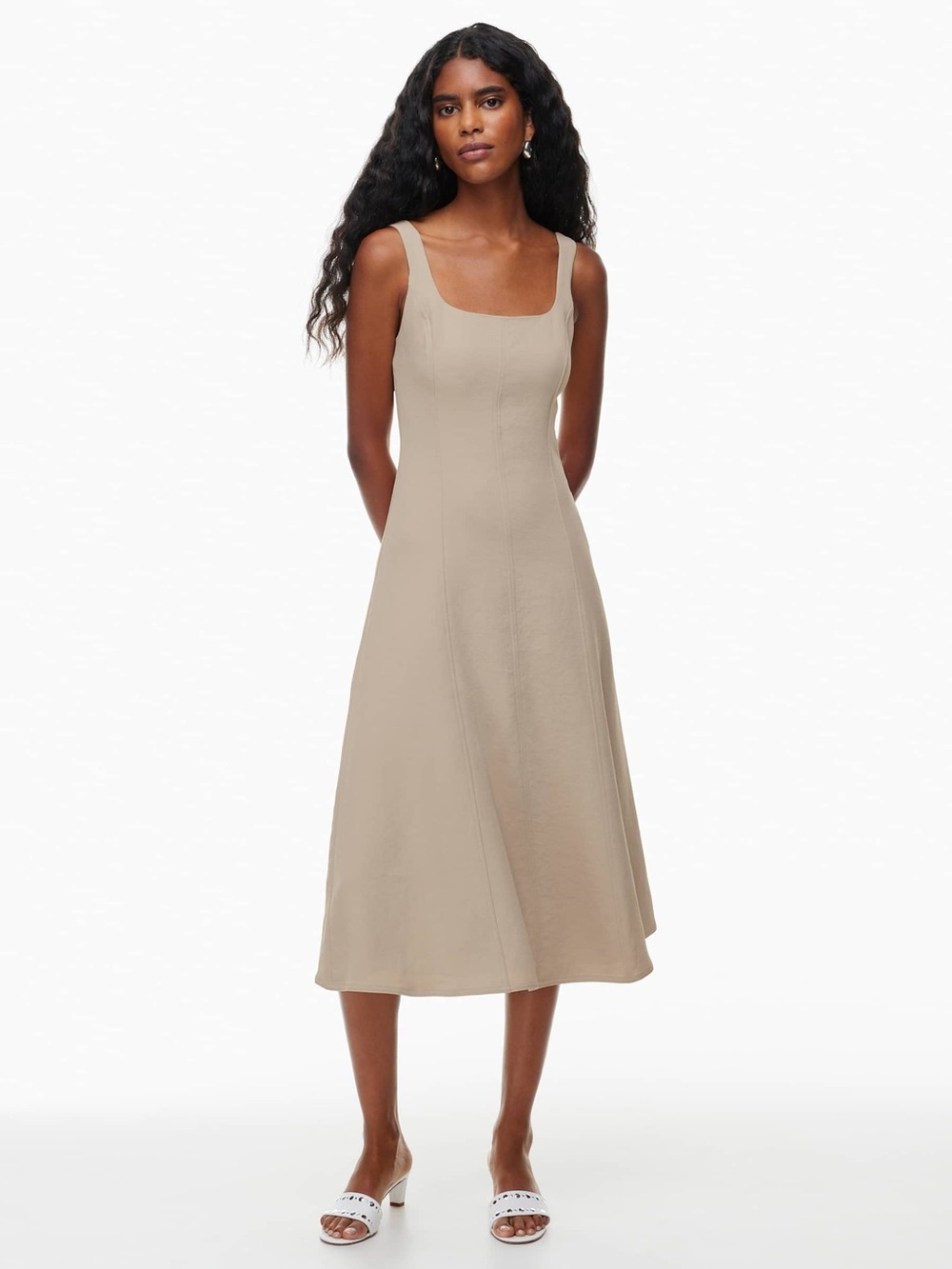 Wilfred NWT Tartelette Dress Humus Beige Crepette A-Line Midi Drape Aritzia